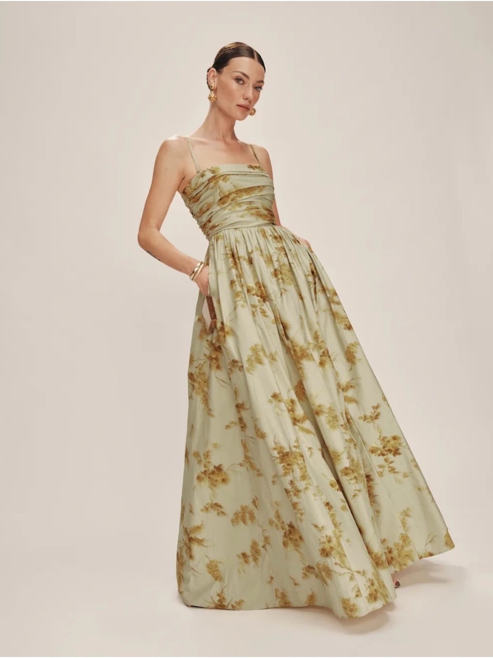 REVOLVE Floral Strapless Maxi Dress in Sage and Olive